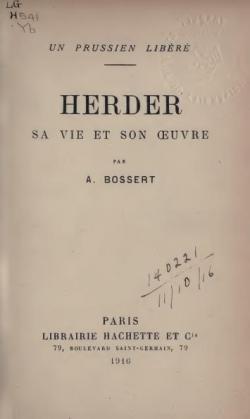 Herder.Sa vie et son Oeuvre par Adolphe Bossert