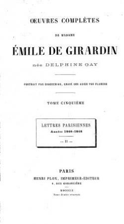Oeuvres compltes, tome 5 : Lettres Parisiennes II par Delphine de Girardin
