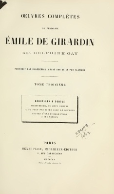 Oeuvres compltes, tome 3 : Nouvelles & Contes par Delphine de Girardin