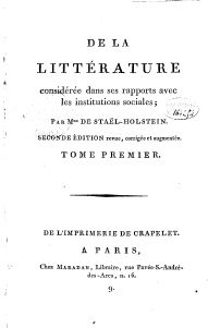 De la littrature considre dans ses rapports avec les institutions sociales. Tome 1 (d.1800) par Madame de Stal