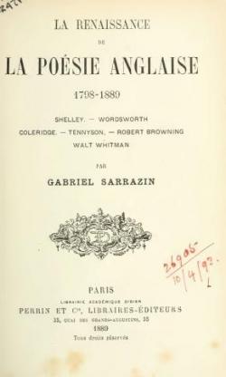 La Renaissance de la posie anglaise 1798-1889 par Gabriel Sarrazin